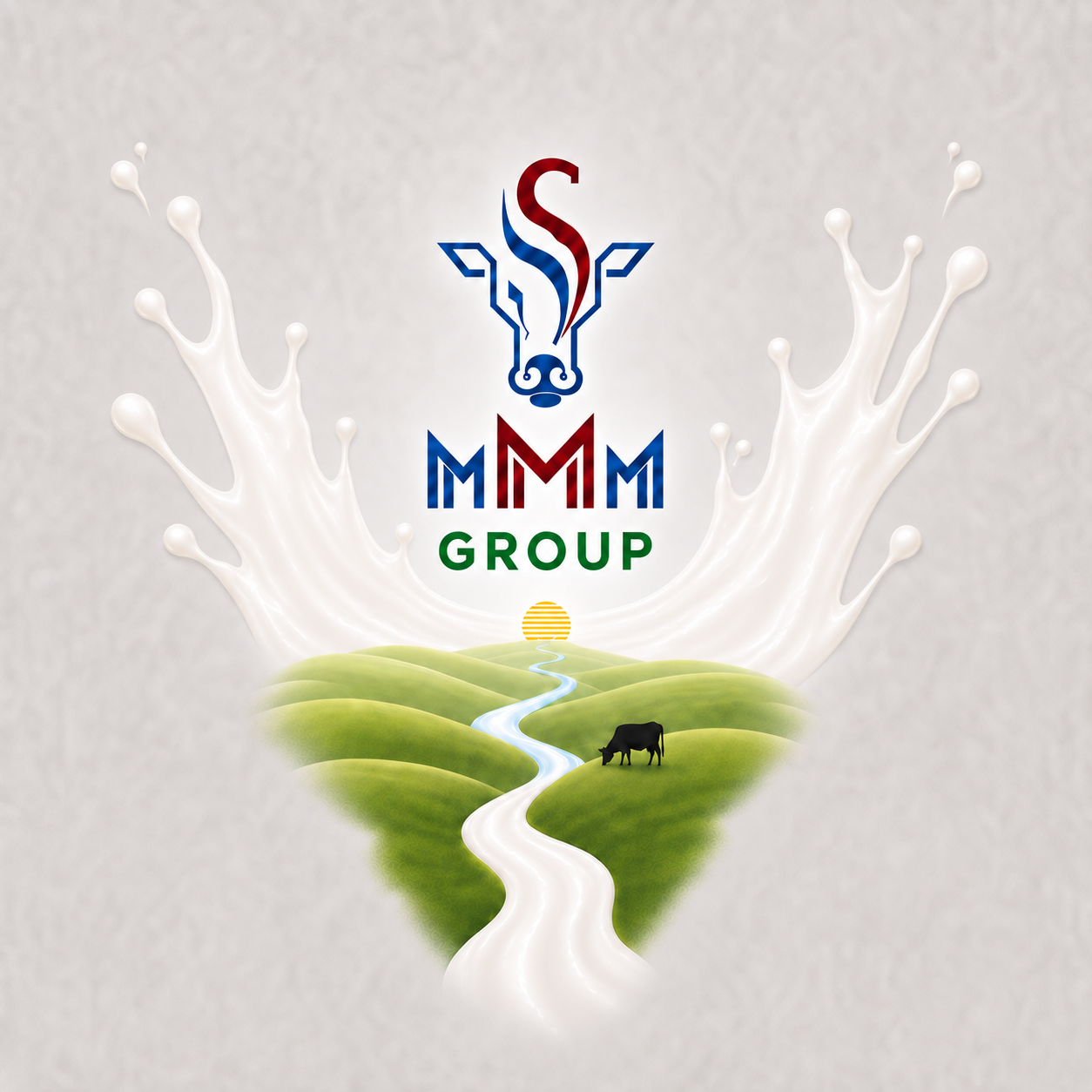 MMMS Group logo with milk splash, green hills and dairy landscape